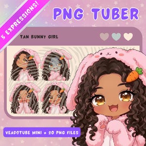 Peut inclure: Illustration numérique d'une fille à la peau bronzée portant un sweat à capuche rose en forme de lapin avec un détail de carotte. L'image comprend le texte "PNG TUBER" et "5 EXPRESSIONS!" avec des fichiers PNG supplémentaires.