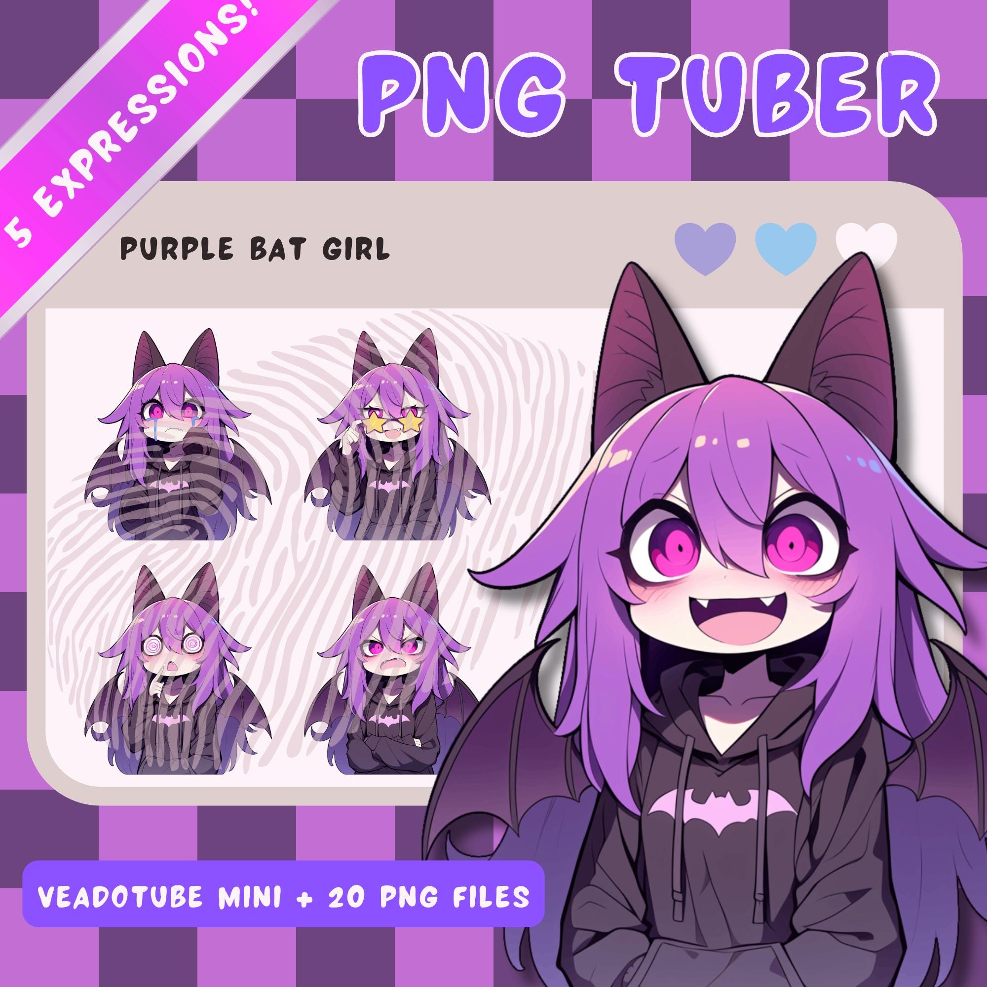 Purple Haired PNGTuber Bat Girl - Anime, Chibi, Kawaii, Premade Twitch Stream Asset, PNGTuber Model, Vtuber, Streaming, Veadomini, Veadotube