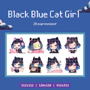 28 Twitch エモート 猫娘 黒青セット - ステッカー バンドル、パック; Discord、YouTube; かわいいクリップアート、かわいい、ちび、アニメ; ゲーム、ストリーミング;