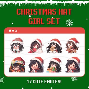 17 Twitch / Discord Emotes de uma garota com cabelo preto e um chapéu vermelho de Natal - twitch emotes cat, twitch emotes pack, twitch emotes anime