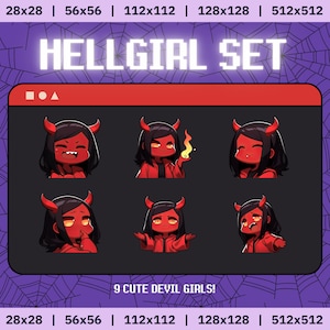 9 Twitch Halloween Hellgirl Emotes - twitch emotes girl, devil, demon, horns; discord emotes pack