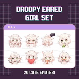 20 emotes Twitch / Discord fille aux cheveux blancs - pack d'emotes Twitch d'une jolie fille kawaii / anime / chibi avec oreilles tombantes / tombantes