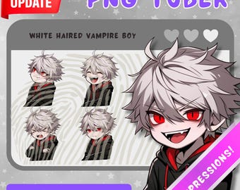White Haired PNGTuber Vampire Boy Model - Anime Chibi Twitch Stream Asset - 5 Expressions