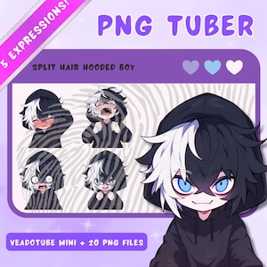 May include: Digital art featuring a split-hair hooded boy with five different expressions. The boy has black and white hair and is wearing a black hoodie. Text on the image reads "PNG TUBER", "SPLIT HAIR HOODED BOY", and "VEADOTUBE MINI + 20 PNG FILES".