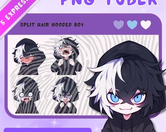 Chico con capucha y cabello teñido partido (modelo PNGTuber): Anime Chibi Twitch Stream Asset - 5 expresiones