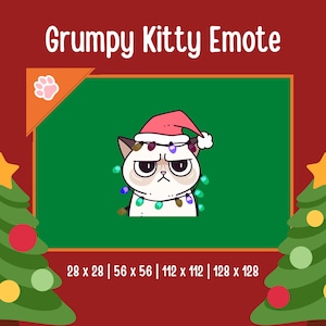 May include: A grumpy cat wearing a Santa hat and Christmas lights around its neck. The cat is looking at the viewer with a grumpy expression. The image is set against a green background with a white paw print in the top left corner. The text "Grumpy Kitty Emote" is at the top of the image. The text "28 x 28 | 56 x 56 | 112 x 112 | 128 x 128" is at the bottom of the image.