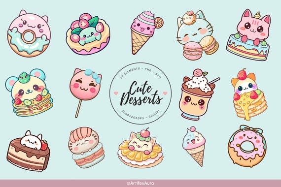 24 PNG SVG Desserts Clipart Bundle - Kawaii food, kawaii desserts, kawaii clipart cake, kawaii png, cute clipart, food clipart, kawaii svg