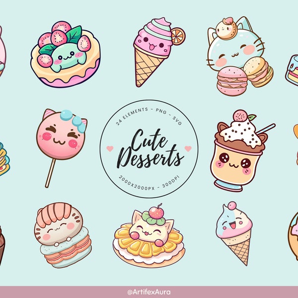 24 PNG SVG Desserts Clipart Bundle - Kawaii food, kawaii desserts, kawaii clipart cake, kawaii png, cute clipart, food clipart, kawaii svg