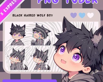 Black Haired PNGTuber Wolf Boy - Anime, Chibi, Kawaii, Premade Twitch Stream Asset, PNG Model, Vtuber, Streaming, Veadomini, Veadotube