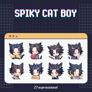 27 Twitch emotes black haired cat boy - set, bundle, pack, stickers,  Discord, YouTube, Cute, Kawaii, Chibi, Anime, man, male, guy