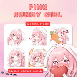 Può includere: Illustrazione digitale di Pink Bunny Girl, con 21 emote e adesivi. Le illustrazioni raffigurano una ragazza con i capelli rosa con un cappello da coniglio, che esprime varie emozioni. Il testo "PINK BUNNY GIRL" è visualizzato in alto.