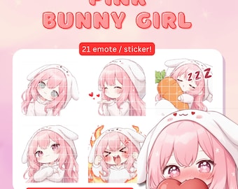 May include: Pink Bunny Girl digital art featuring a series of emotes and stickers. The illustrations depict a girl with pink hair wearing a bunny hat, expressing various emotions. The text "PINK BUNNY GIRL" is displayed at the top.