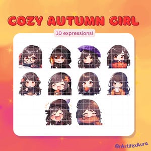 10 秋の Twitch エモート ガール セット - ステッカー バンドル、パック。Twitch、Discord、YouTube。かわいいクリップアート、かわいい、ちび、アニメ。ゲーム、ストリーミング。