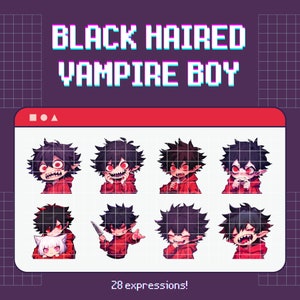 28 Twitch-Emotes Vampirjunge – Set, Bundle, Pack, Aufkleber, Discord, YouTube, Gamer, Streamer, niedlich, Kawaii, Chibi, Anime, Mann, männlich, Kerl