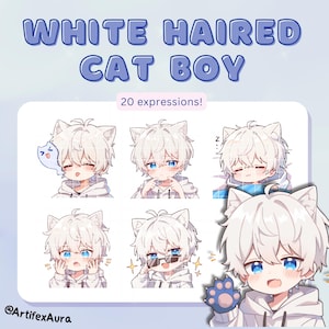 20 Twitch emotes white cat boy - set, bundle, pack, stickers,  Discord, YouTube, Gamer, Streamer, Cute, Kawaii, Chibi, Anime, man, male, guy