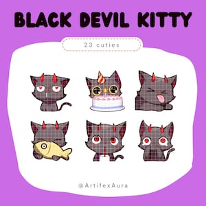 Puede incluir: Un conjunto de seis ilustraciones de gatos negros con cuernos de diablo rojos. Los gatos tienen diferentes expresiones, incluyendo un gato con un sombrero de cumpleaños y un pastel, un gato con un pez, un gato con una bebida y un gato con lágrimas. El texto "23 cuties" y "@ArtifexAura" también se incluyen en la imagen.