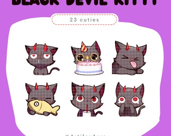 23 Twitch Emotes Cat -  Twitch Discord emotes kitty; kawaii clipart cat; sticker, decoration; emote pack, set, bundle; black demon devil cat