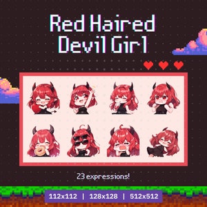23 Twitch エモート パック 女の子 赤髪 悪魔の角 - エモート セット、バンドル、Twitch、Discord、YouTube、ゲーマー、ストリーマー、かわいいクリップアート、ちび