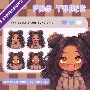 巻き毛の日焼けした PNGTuber ガール - アニメ、ちび、かわいい、既製の Twitch ストリーム アセット、PNGTuber モデル、Vtuber、ストリーミング、Veadomini、Veadotube