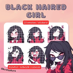 23 Black Hair Girl Twitch emotes set - stickers bundle, pack; TikTok, Discord; Kawaii Clipart, Cute, Chibi, Anime; Gaming, Streaming;