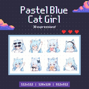 30 Twitch emote pack of cat girl with pastel blue hair - emote set, bundle, Discord, YouTube, Gamer, Streamer, Cute, Kawaii, Chibi, Anime