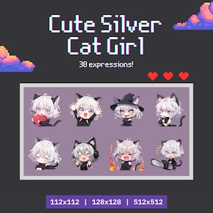 銀色の白い髪の猫娘の Twitch エモート パック 30 個 - エモート セット、バンドル、Discord、YouTube、ゲーマー、ストリーマー、かわいい、カワイイ、ちび、アニメ