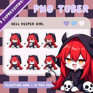 以下が含まれることがあります： 赤い髪と角を持つ漫画の女の子が、黒いフード付きのマントを着て、2つの頭蓋骨を持っているデジタルイラスト。画像は「Hell Keeper Girl」と「3 Expressions!」というラベルが貼られており、女の子の後ろにはグリッドパターンがあります。「VEADOTUBE MINI + 12 PNG FILES」というテキストが画像の下にあります。