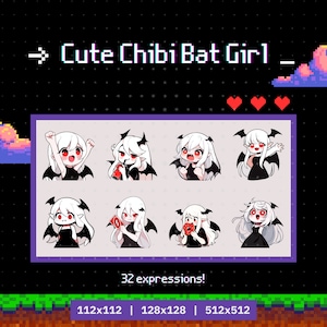 白い髪、コウモリの羽、耳を持つ女の子の Twitch エモート 32 個 - エモート セット、バンドル、Twitch、Discord、YouTube、ゲーマー、ストリーマー、かわいい、ちび