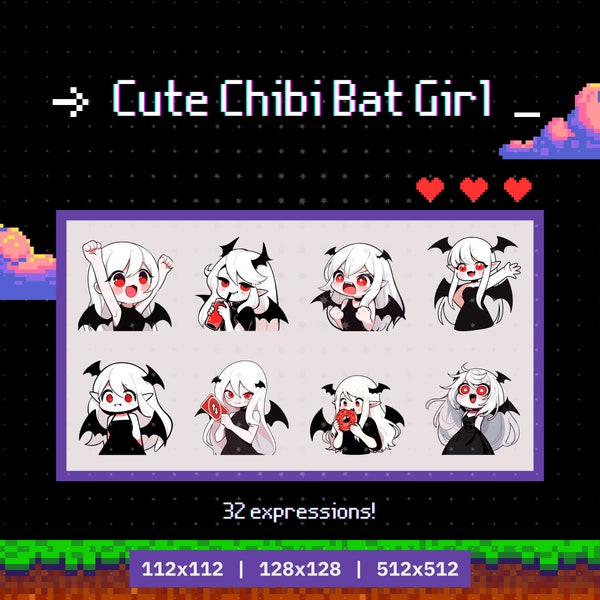 32 Twitch Emotes of a girl with white hair, bat wings and ears - emote set, bundle, Twitch, Discord, YouTube, Gamer, Streamer, Kawaii, Chibi