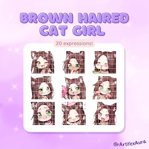 Conjunto de 20 gatas de cabelos castanhos Twitch emotes - pacote de adesivos, pacote; Contração muscular, discórdia; Clipart Kawaii, Fofo, Chibi, Anime; Jogos, Transmissão;