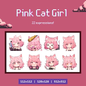 22 個の Twitch エモート 猫娘 ピンク セット - ステッカー バンドル、パック。Twitch、Discord、YouTube。かわいいクリップアート、かわいい、ちび、アニメ。ゲーム、ストリーミング。