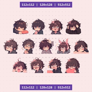 26 Twitch emotes boy with glasses set, bundle, pack, stickers, Discord, YouTube, Cute, Kawaii, Chibi, Anime, man, male, guy, black hair image 2