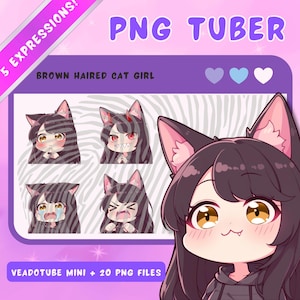 Braunhaarige PNGTuber Katzenmädchen - Anime Chibi Vtuber Model - 5 Ausdrücke