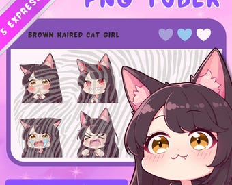Brown Haired PNGTuber Cat Girl - Anime Chibi Vtuber Model - 5 expressions