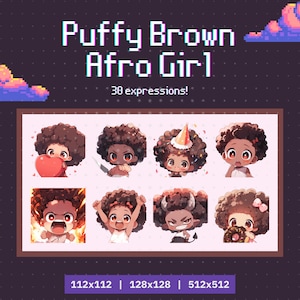 30 Twitch エモート 女の子 茶色 アフロ 黒肌 - エモート ステッカー セット、バンドル、パック、Twitch、Discord、YouTube、かわいいクリップアート、ちび、かわいい