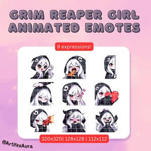 9 Animated Emotes Grim Reaper Girl Set - animated stickers bundle, pack; Twitch, Discord; Kawaii, Cute, Chibi, Anime; Gaming, Streaming;