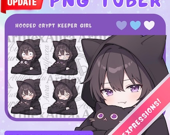 May include: A digital character asset set titled PNG TUBER HOODED CRYPT KEEPER GIRL featuring a character with dark hair and purple eyes wearing a black cat-eared hoodie. The set includes 4 expressions and 16 PNG files for Veadotube Mini.