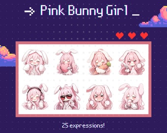 25 Twitch Emotes girl pink hair and bunny ears - emote set, bundle, Twitch, Discord, YouTube, Gamer, Streamer, Kawaii, Chibi, Clipart