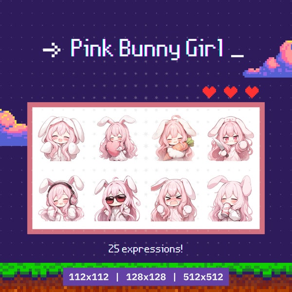 25 Twitch Emotes girl pink hair and bunny ears - emote set, bundle, Twitch, Discord, YouTube, Gamer, Streamer, Kawaii, Chibi, Clipart