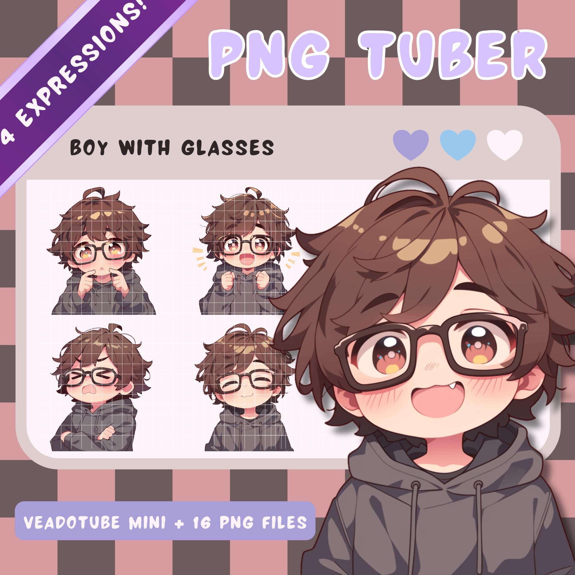 Brown Haired PNGTuber Glasses Boy - Anime, Chibi, Kawaii, Premade Twitch Stream Asset, PNGTuber Model, Vtuber, OBS, Veadomini, Veadotube