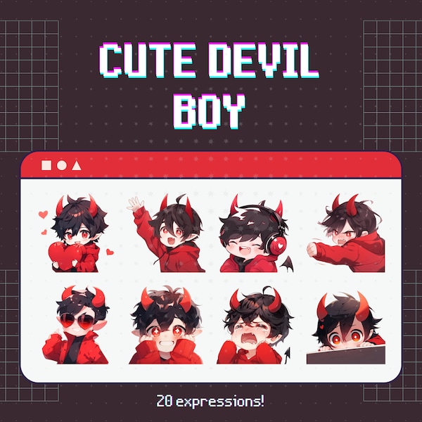 20 Twitch emotes devil boy - ensemble, bundle, pack, autocollants, Discord, YouTube, Gamer, Streamer, Mignon, Kawaii, Chibi, Anime, homme, mâle, gars