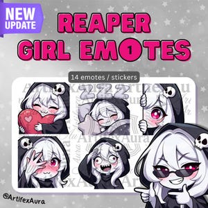 Puede incluir: Imagen promocional de "Reaper Girl Emotes" con 14 pegatinas. Las pegatinas representan a una chica de dibujos animados con una capa con capucha negra con una calavera, que expresa varias emociones. La imagen incluye el texto "NEW UPDATE" y "14 emotes / stickers."