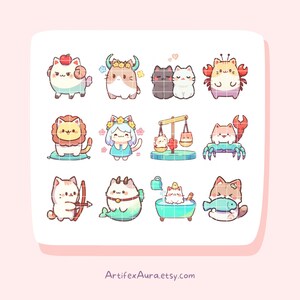 Puede incluir: Un conjunto de 12 adorables pegatinas de zodiaco de gato que representan cada signo astrol&oacute;gico. Las pegatinas est&aacute;n ilustradas en un estilo de dibujos animados lindo con colores pastel y presentan varios detalles como una corona, una balanza y un lazo.