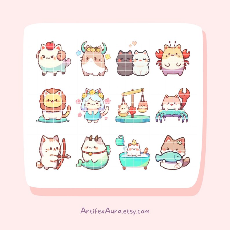 Puede incluir: Un conjunto de 12 adorables pegatinas de zodiaco de gato que representan cada signo astrol&oacute;gico. Las pegatinas est&aacute;n ilustradas en un estilo de dibujos animados lindo con colores pastel y presentan varios detalles como una corona, una balanza y un lazo.
