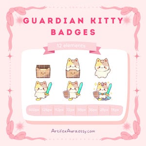 6 Kawaii Guardian Kitty Badge Set, Cute Twitch Sub Pack, Bit Badge & Emote Bundle, Channel Points Icons, Stream YouTube Kick Discord Roles