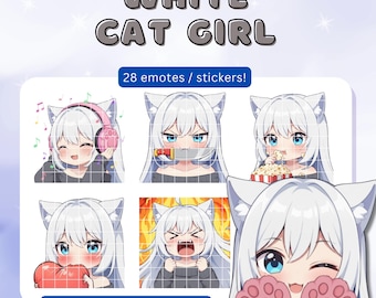 Emote/adesivi Twitch/Discord "Ragazza gatto dai capelli bianchi" (confezione da 28) (download digitale)