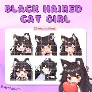 27 Twitch エモート 猫娘 黒髪セット - ステッカー バンドル、パック; Twitch、Discord; かわいいクリップアート、かわいい、ちび、アニメ; ゲーム、ストリーミング;