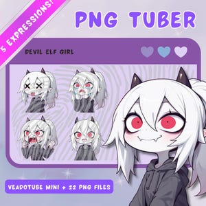 Ragazza diavolo dai capelli bianchi Modello PNGTuber: Anime Chibi Vtuber Stream Asset - 5 espressioni