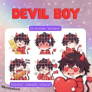 20 Twitch emotes red devil boy - set, bundle, pack, stickers,  Discord, YouTube, Gamer, Streamer, Cute, Kawaii, Chibi, Anime, man, male, guy