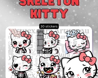 30 Skeleton Kitty Emotes – Kawaii Chibi Clipart for Streaming (Digital Download)